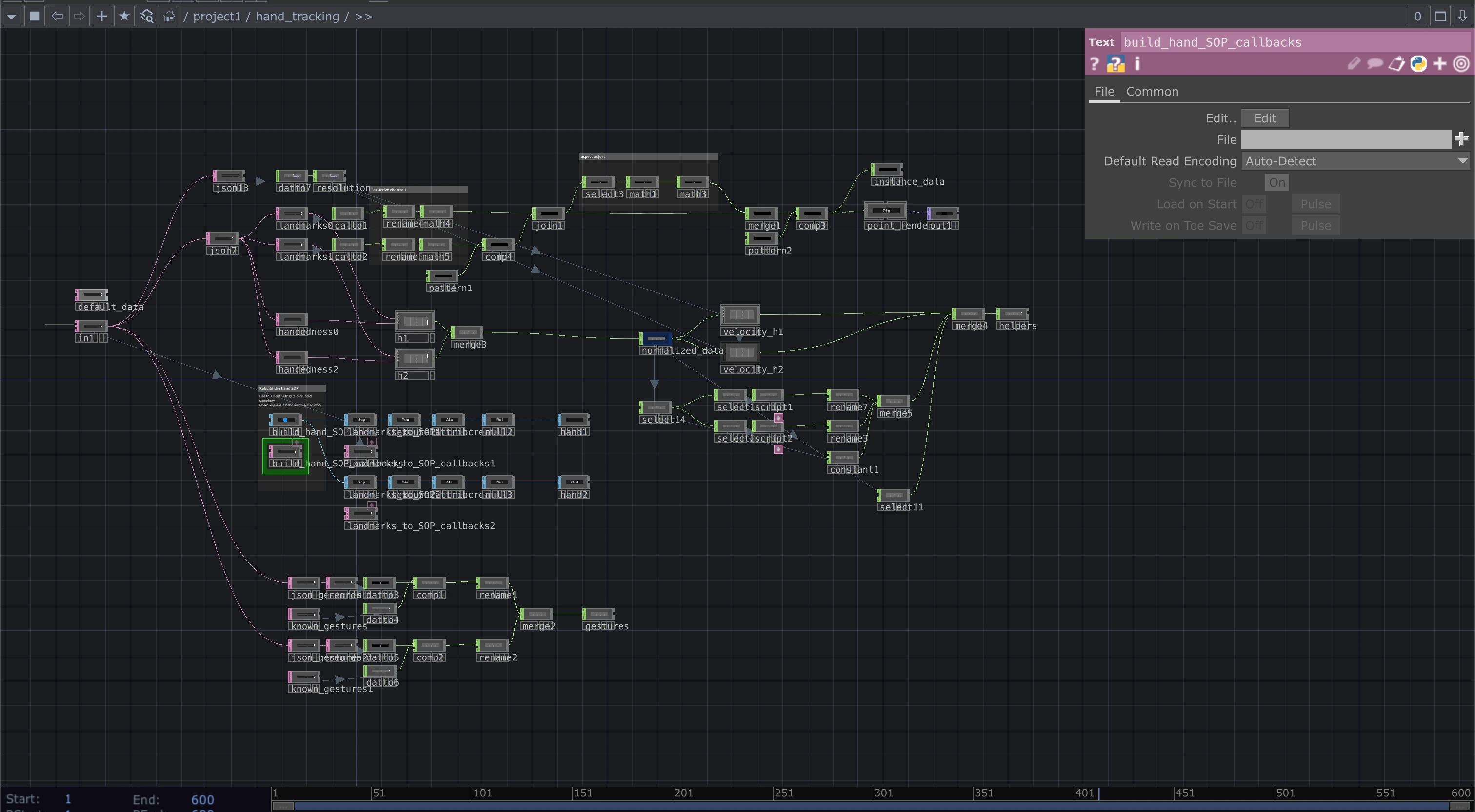 Actual TouchDesigner hand-tracking network, with landmark parsing on the left, normalized hand channels in the center, and helper outputs on the right
