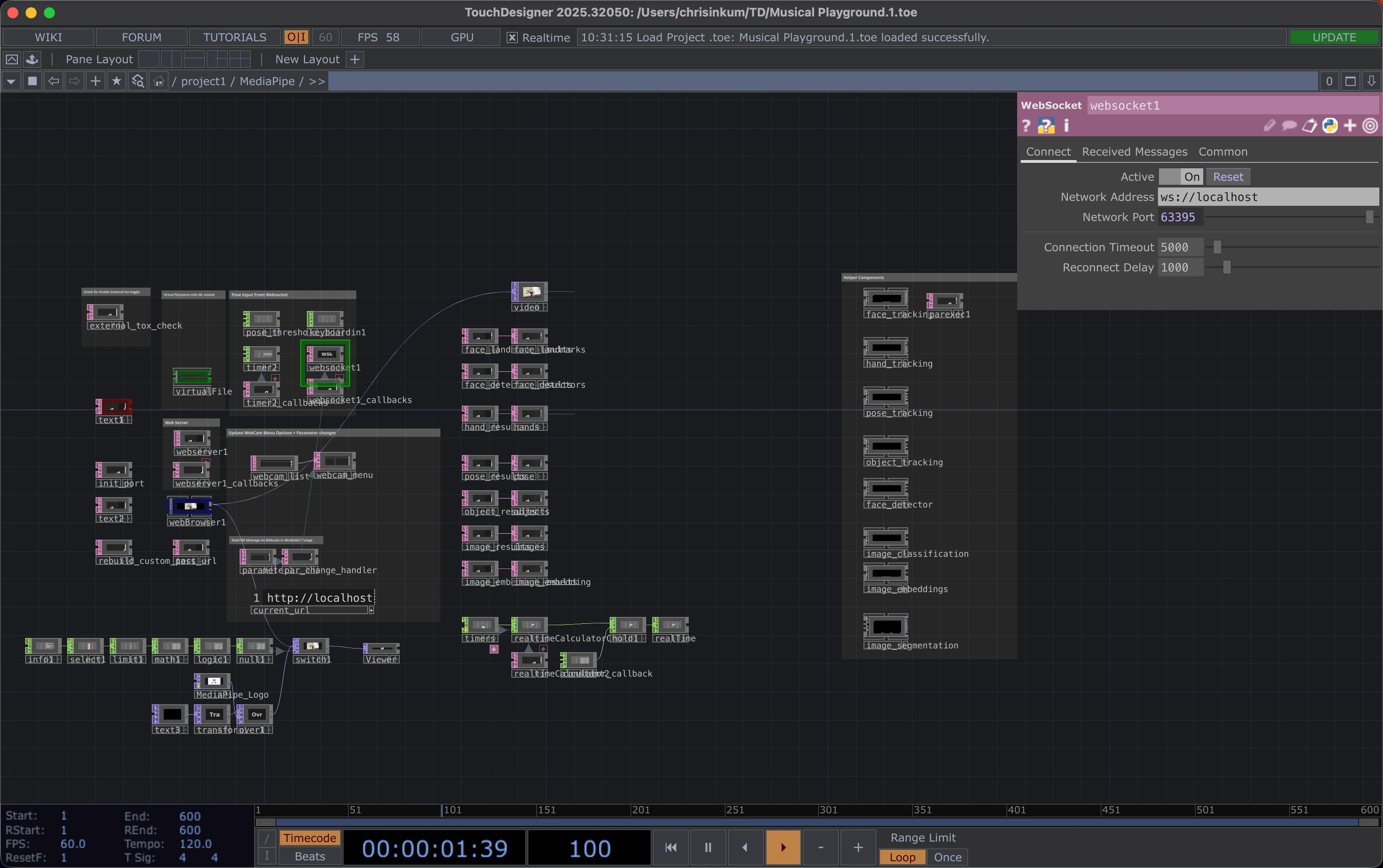 Actual MediaPipe component in TouchDesigner, showing its local WebSocket connection, browser component, video output, and tracking result outputs