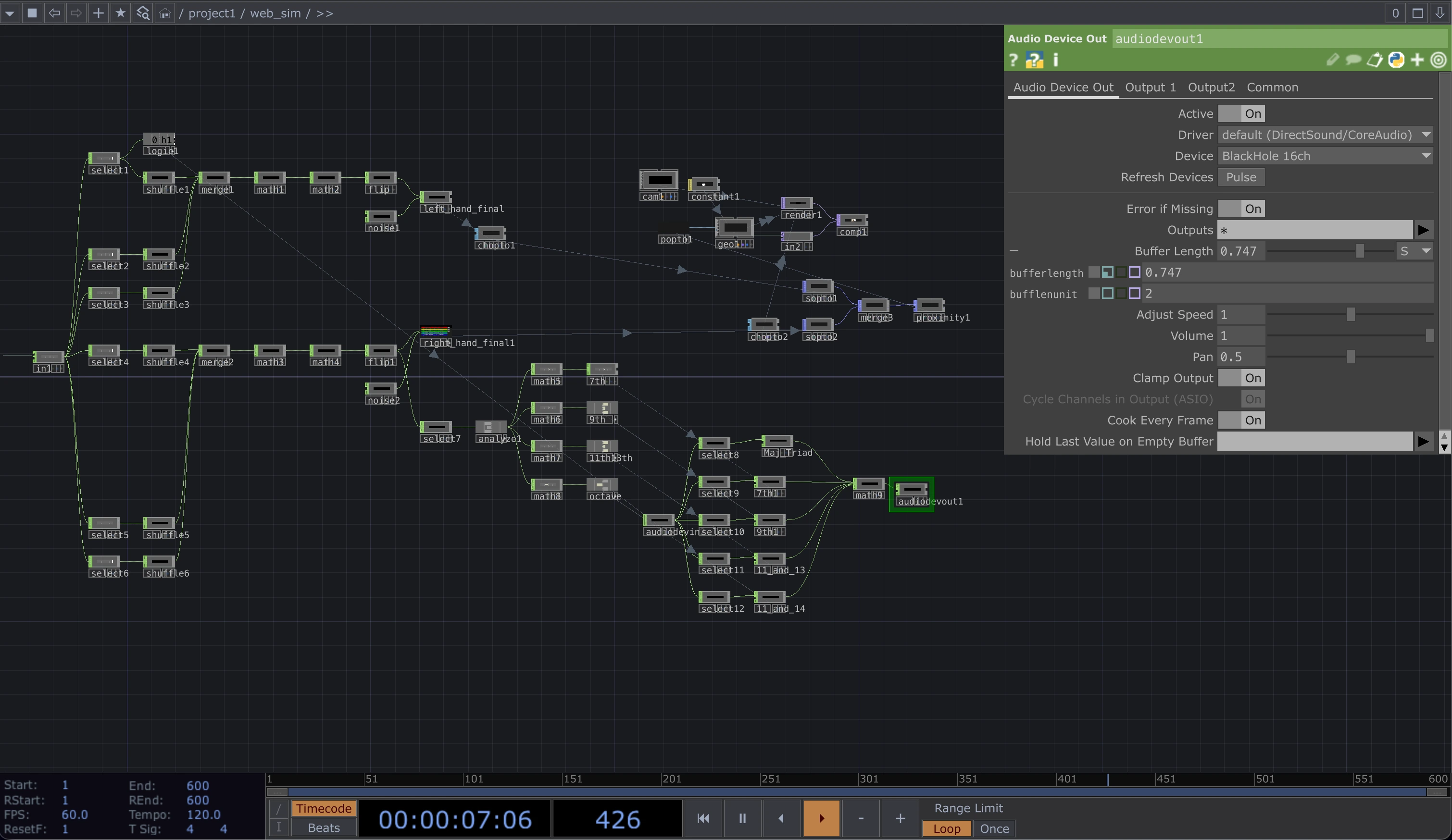 Actual TouchDesigner web_sim network: two hand-coordinate paths at left feed proximity geometry and a camera composite above, with audio layer routing below