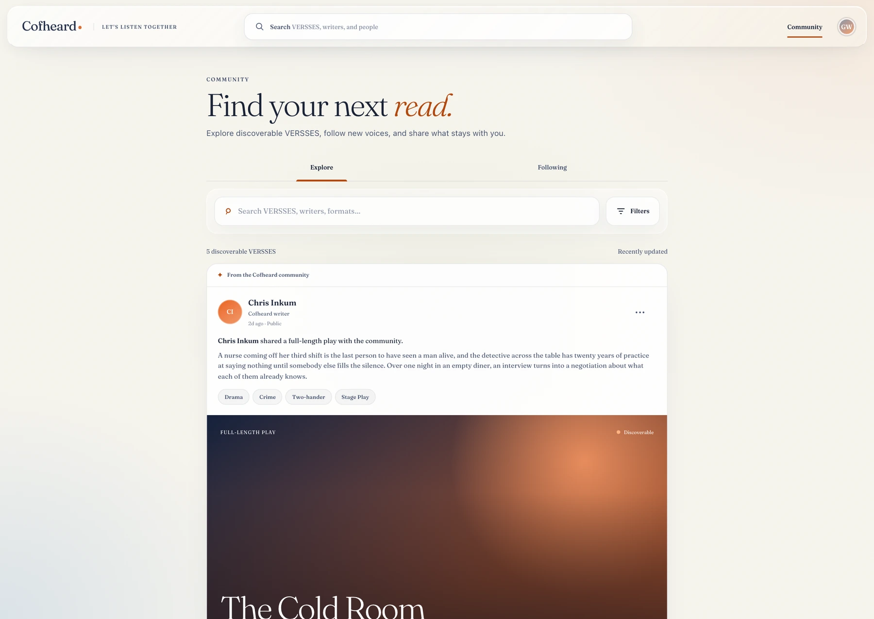 Cofheard Community with scripts, writers, and discovery views