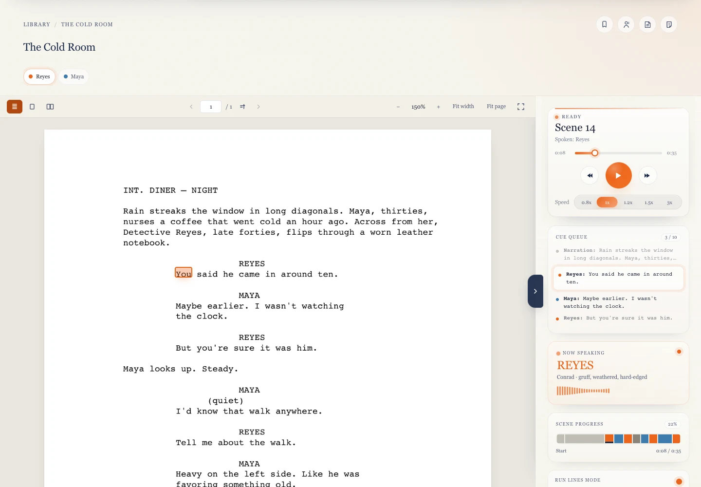 Cofheard’s highlighted PDF reader, with voice playback alongside the original script