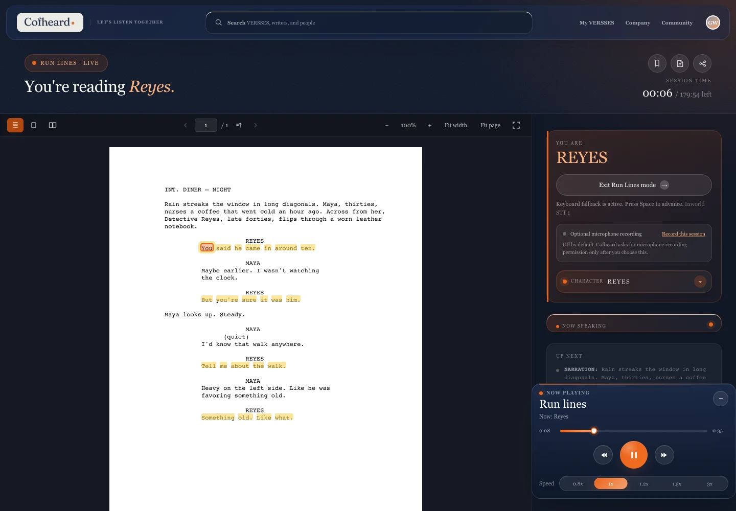 Run Lines shows the selected character and cues for rehearsing a part