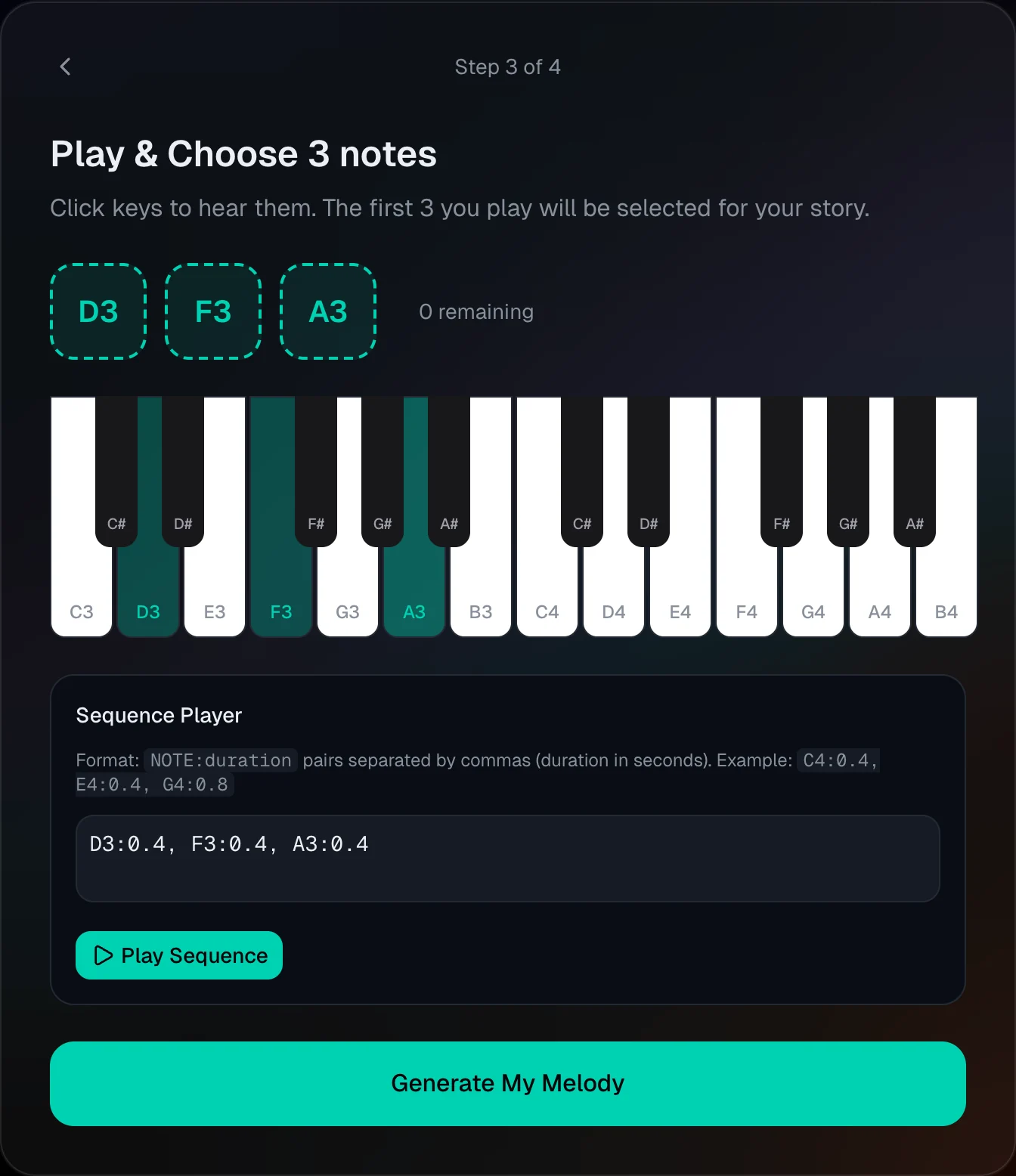 Modalation’s two-octave piano with D3, F3, and A3 selected as three anchor notes and the sequence player below