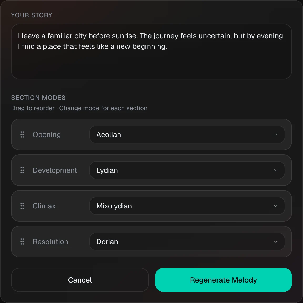Modalation editor with the opening changed from Dorian to Aeolian, alongside editable modes for the remaining sections and a Regenerate Melody control