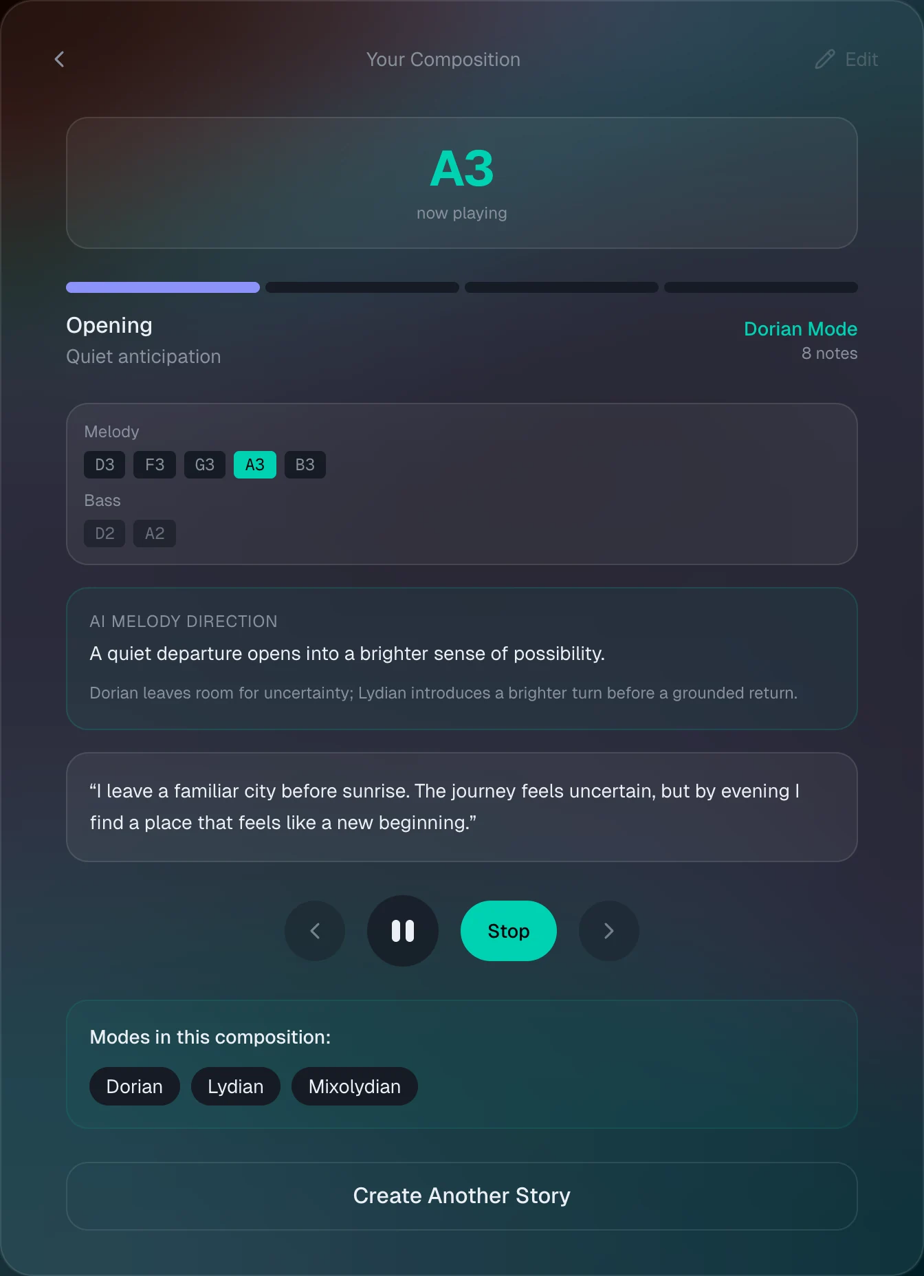 Modalation composition player during playback, showing the active A3 note, Dorian mode, melody and bass note chips, and section controls