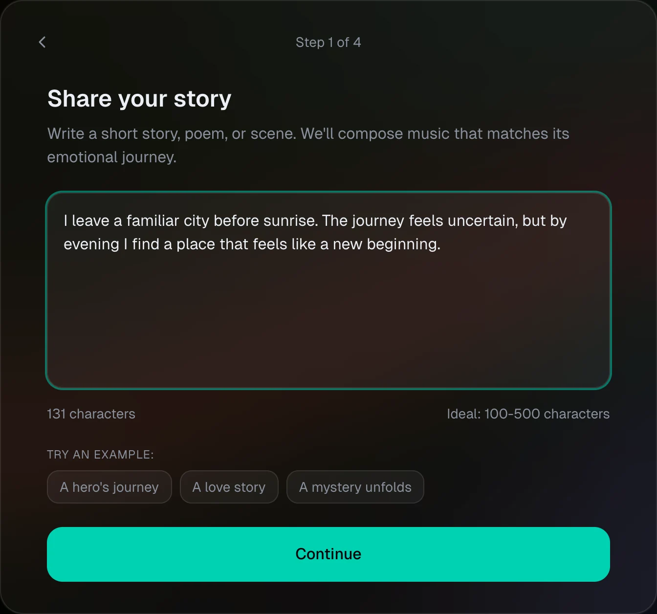 Modalation story input containing a demonstration story about leaving a familiar city and finding a new beginning