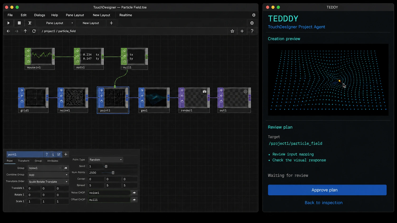 A particle-field network in TouchDesigner beside TEDDY’s separate review window, with the creation preview above the proposed edits