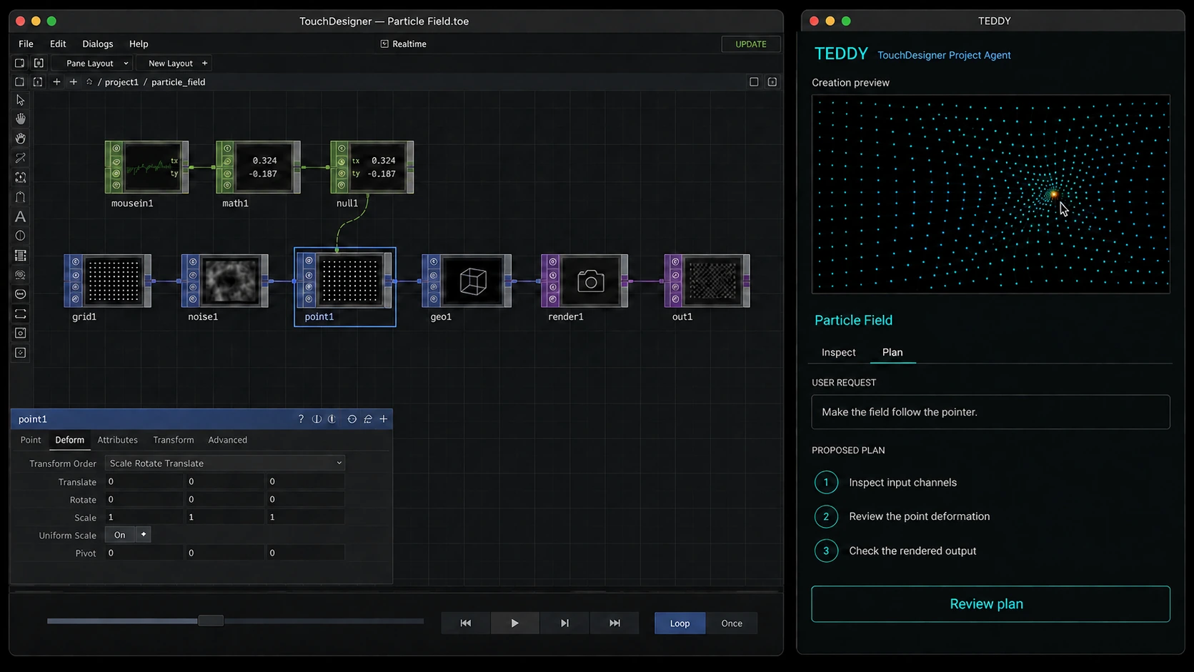 TEDDY companion-window concept beside a TouchDesigner network, with a pointer-responsive particle field preview