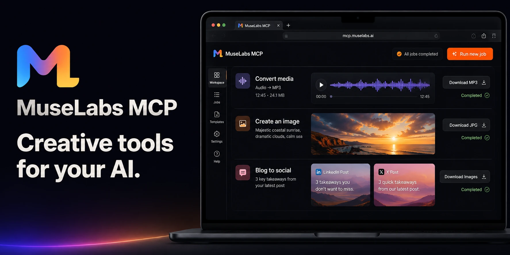 MuseLabs MCP media tools and asynchronous generation jobs, shown in a product visualization