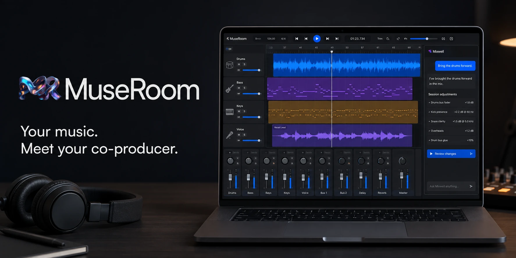 MuseRoom workstation concept with multitrack audio and AI assistance